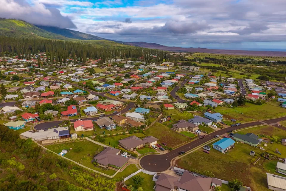 Aerial view of neighborhood in Lanai City, Hawaii.